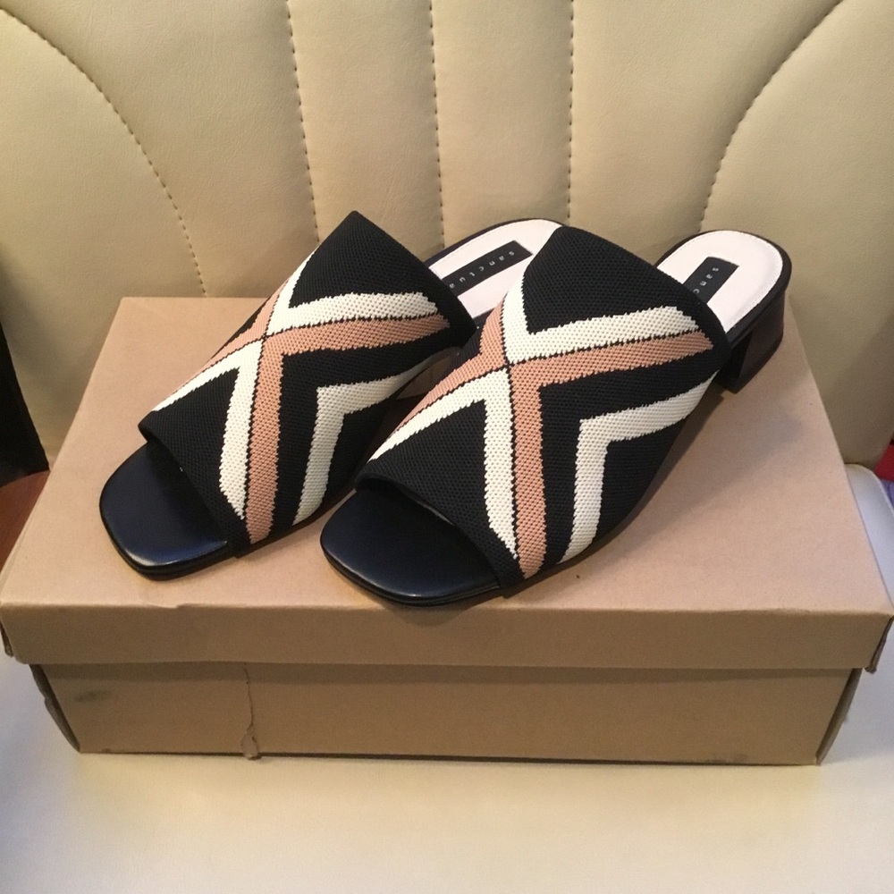 SANCTUARY Ruby Black, Tan, Cream Block Heel Slide Slip On 7.5M Sandals - NIB